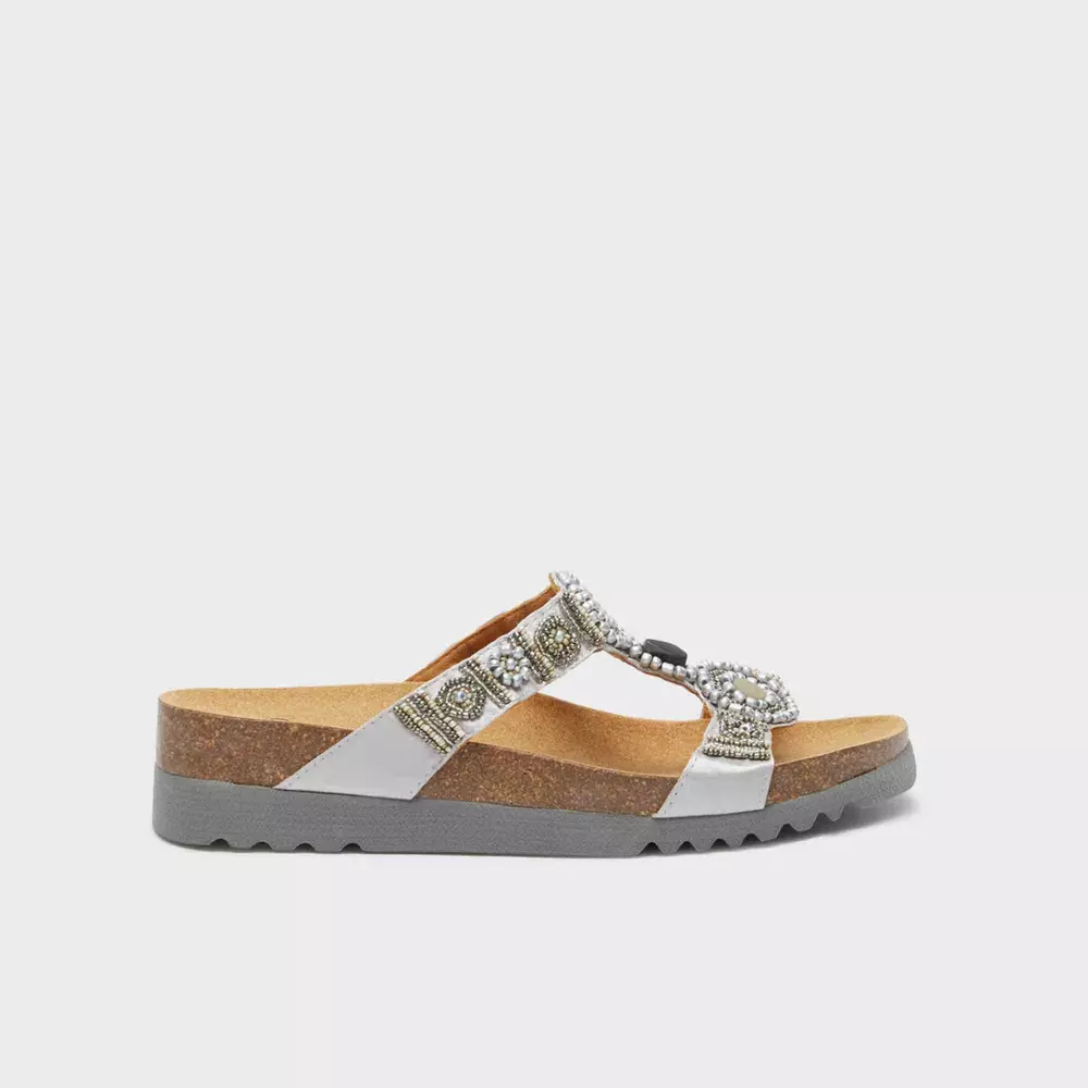 Scholl New Bogota Wedge stříbrné pantofle, satén a perličky, Bioprint®, podpatek 40 mm
